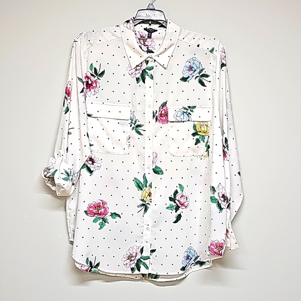 Madison button up modern relaxed fit polka dot floral black white tabbed slv 3X